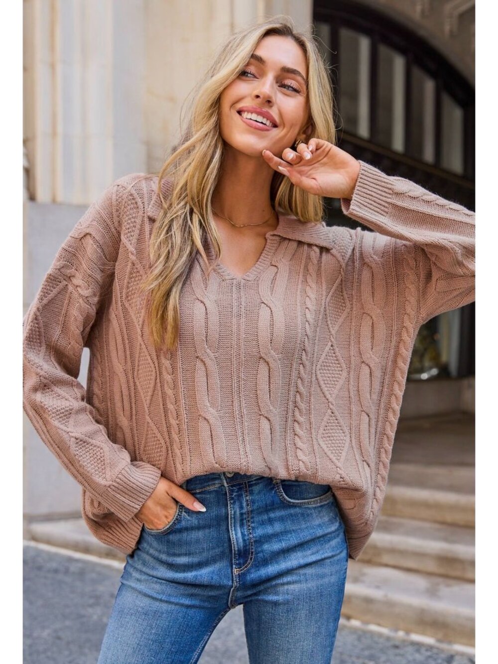 NWT Cupshe Rose Sand Collared Long Sleeve Cable Knit Jumper - Size: Extra Large - Picture 10 of 10